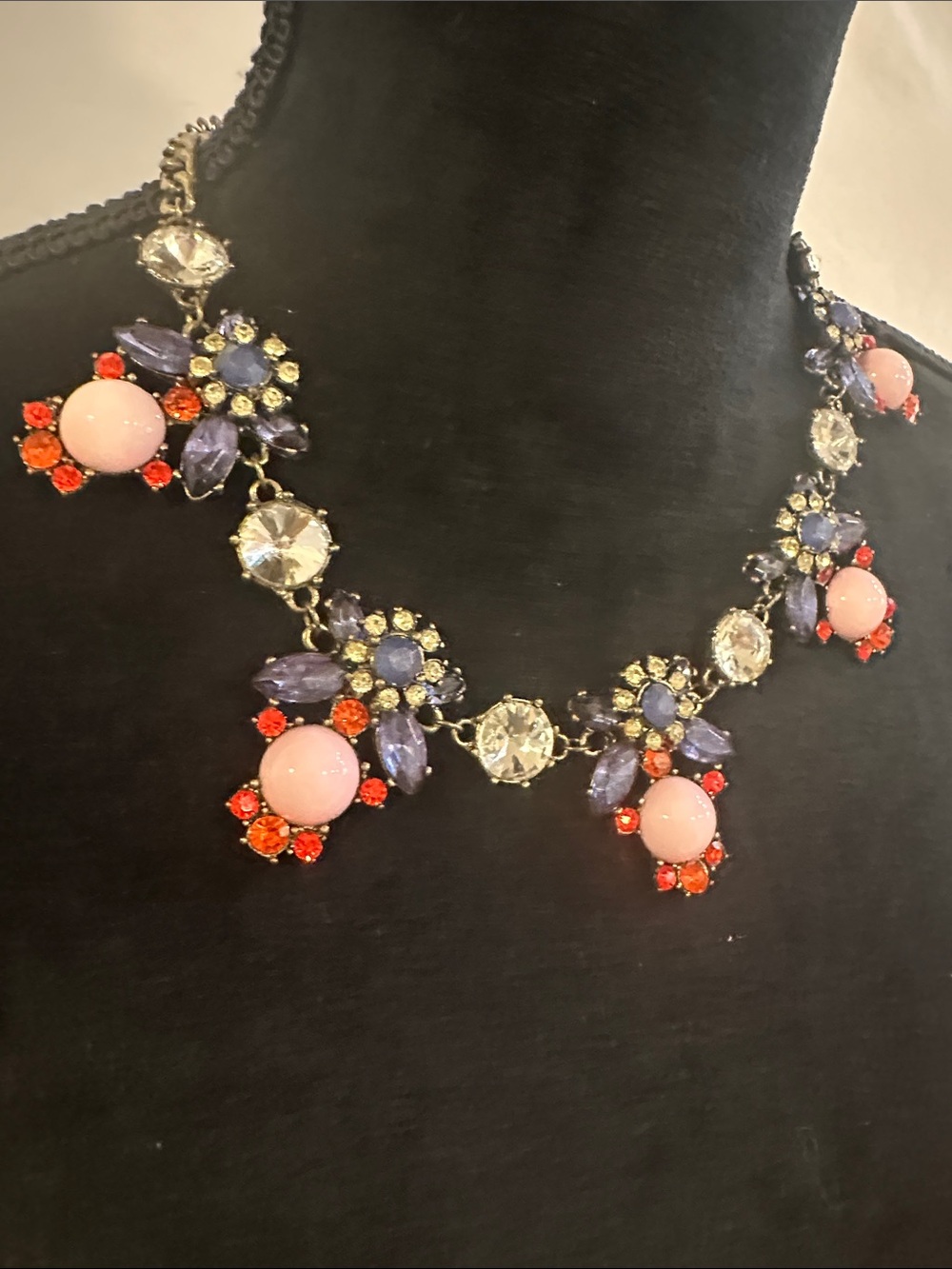 J.Crew Vintage Multi Color Rhinestone Statement Bib Necklace Pink Blue Gold